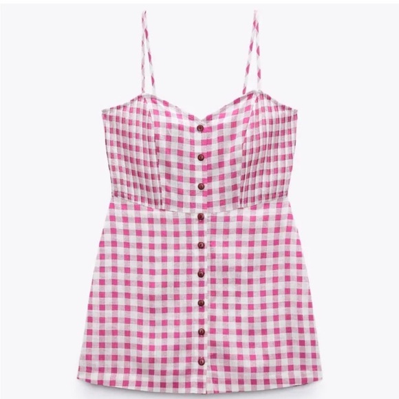 New Zara Hot Pink Gingham Checkered Dress Playsuit Romper White Plaid Small - Picture 4 of 11